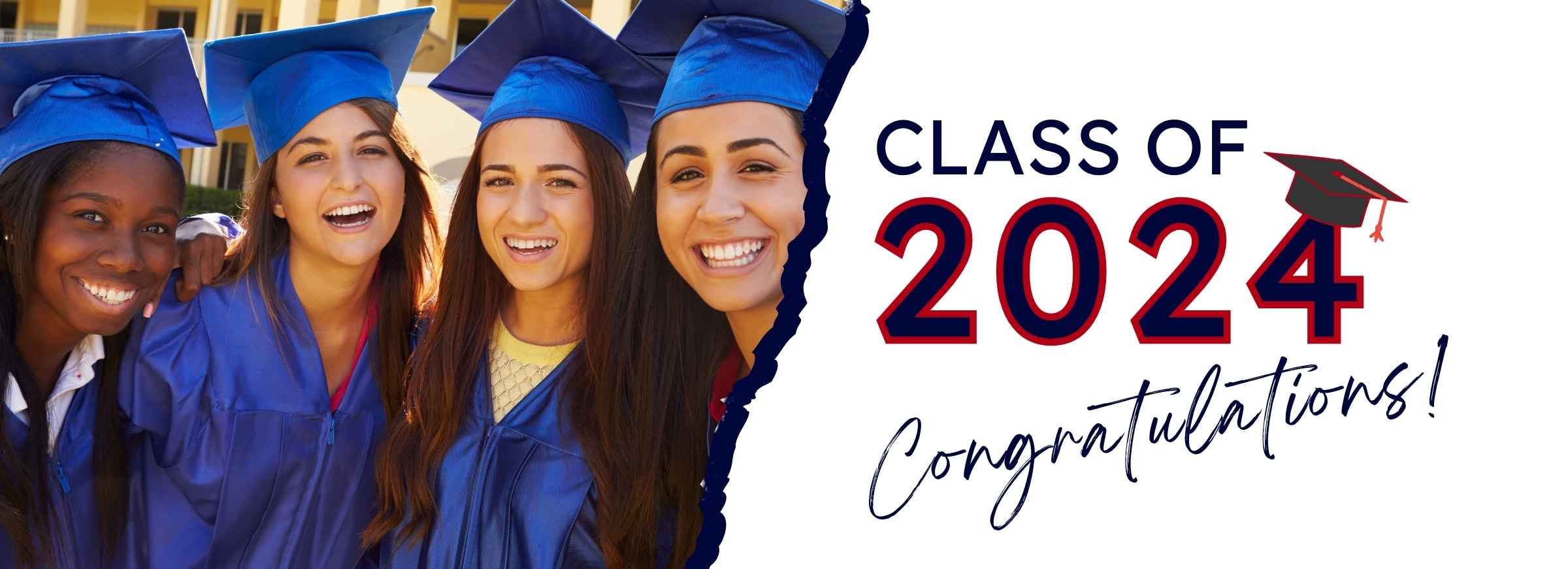 A group of 4 girls ranging in ethnic backgrounds pose in a royal blue cap and gown set at graduation